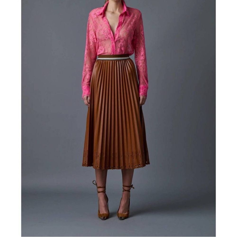 LE SUPERBE PLEATS TO MEET YOU SKIRT BROWN VEGAN LEATHER Medium MSRP $395 NEW